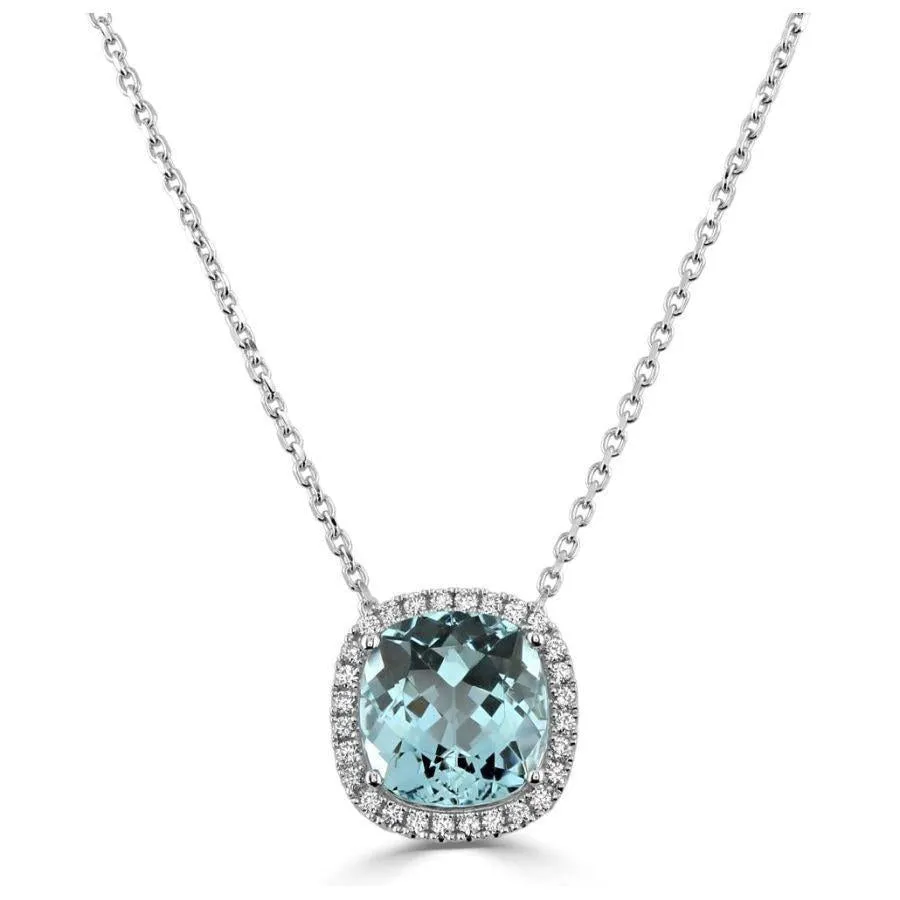 18ct White Gold Cushion Cut Aquamarine & Diamond Halo Cluster Pendant