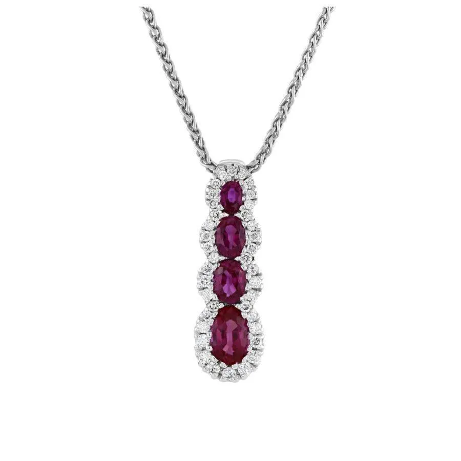 18ct White Gold Graduated Oval Cut Ruby & Diamond Halo Cluster Pendant & Chain