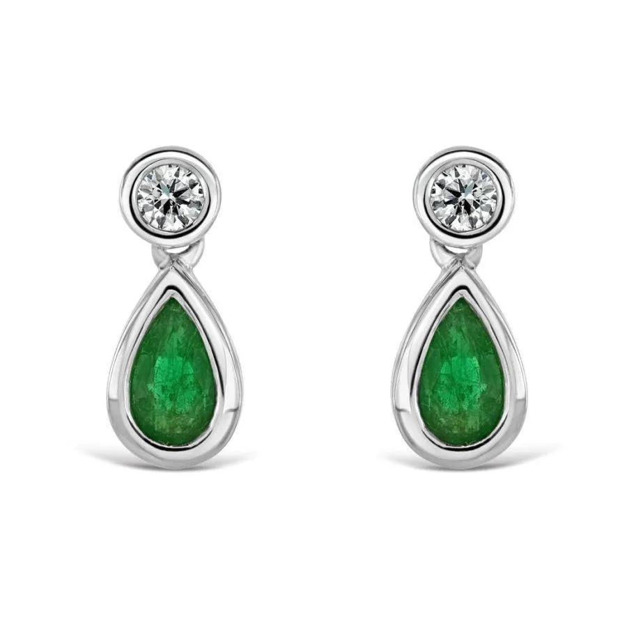 18ct White Gold Rubover Set Pear Cut Emerald & Diamond Drop Earrings