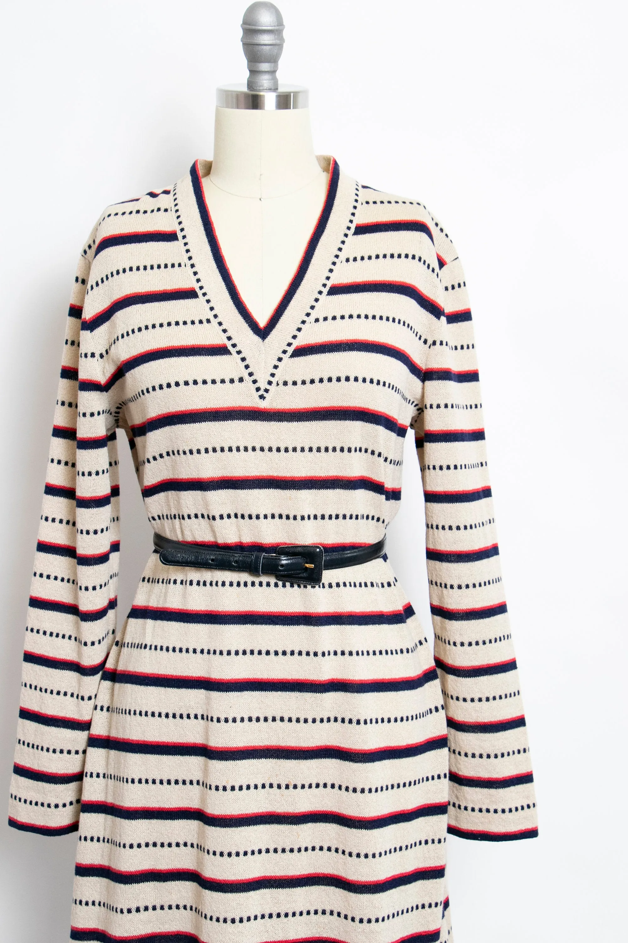 1970s Dress Knit Striped Long Sleeved Designer Belted 70s Large