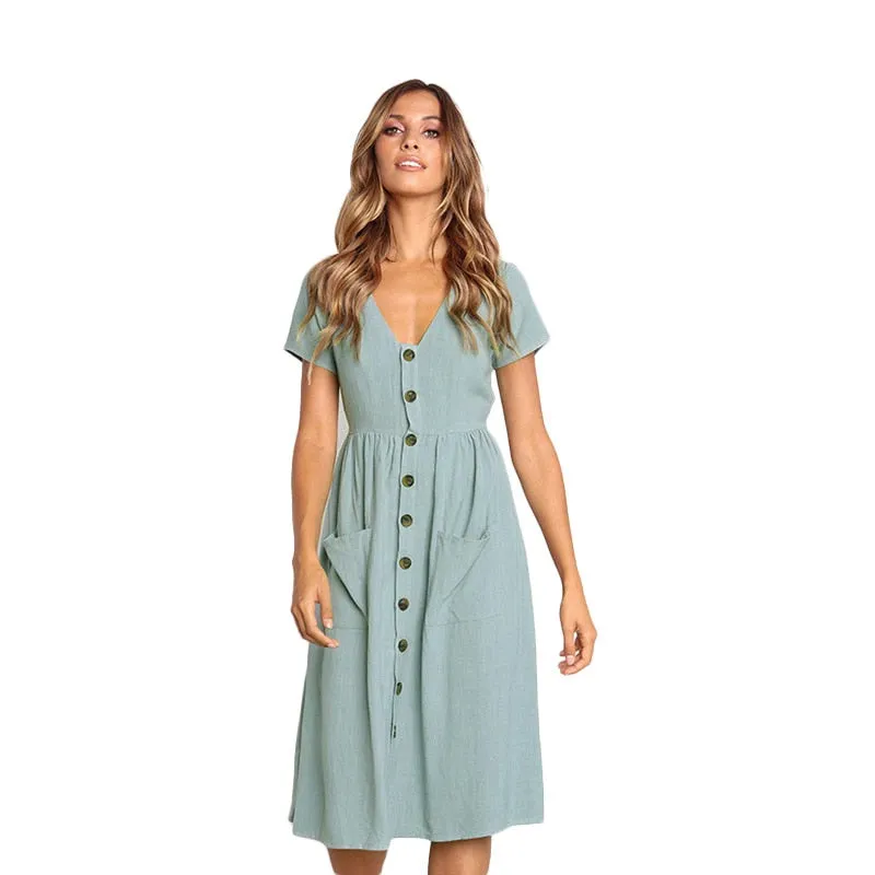 Amy Fashion - Casual V-neck Sleeve A-line Midi Dresses