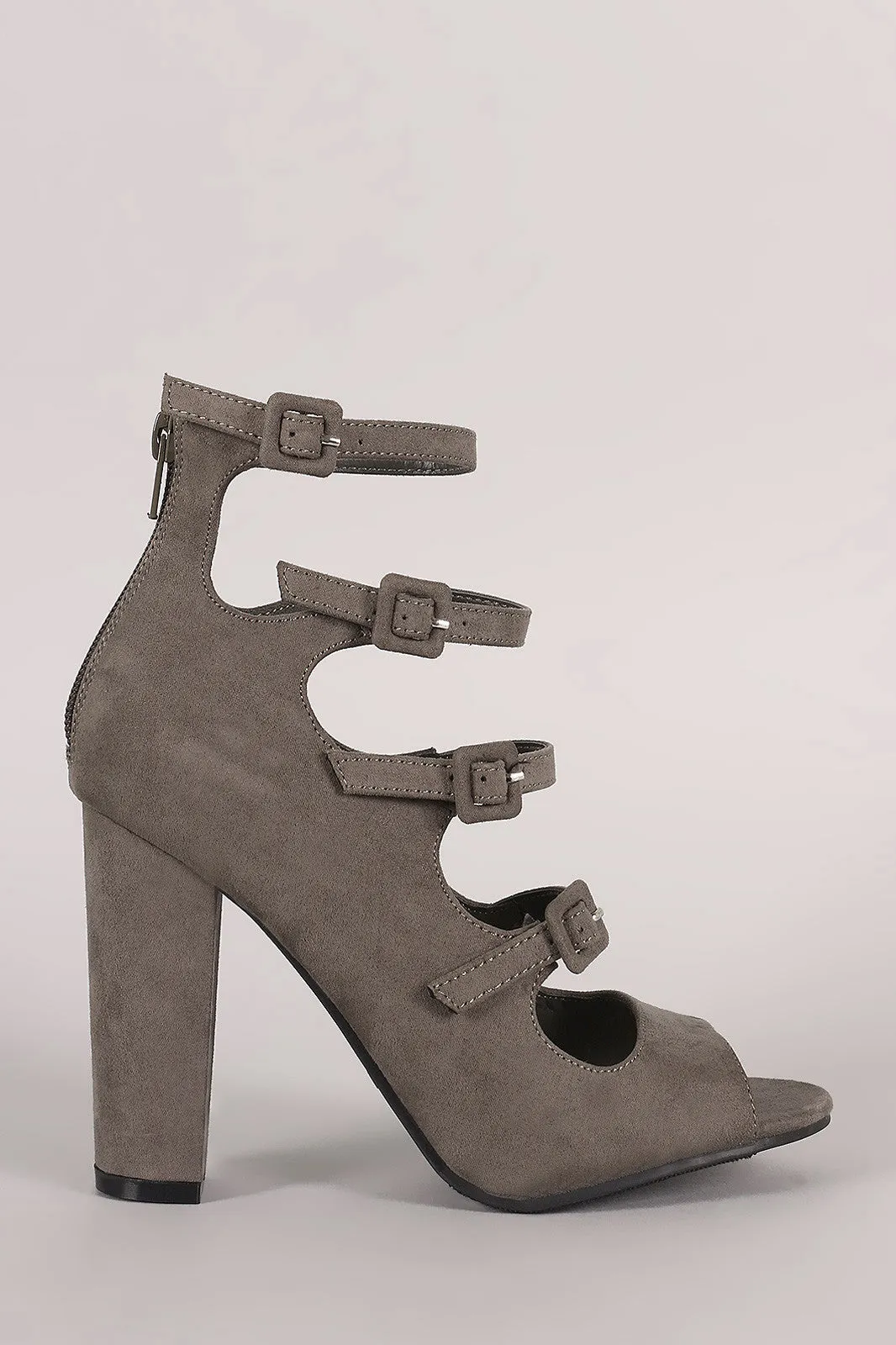 Bamboo Suede Buckled Strap Chunky Heel