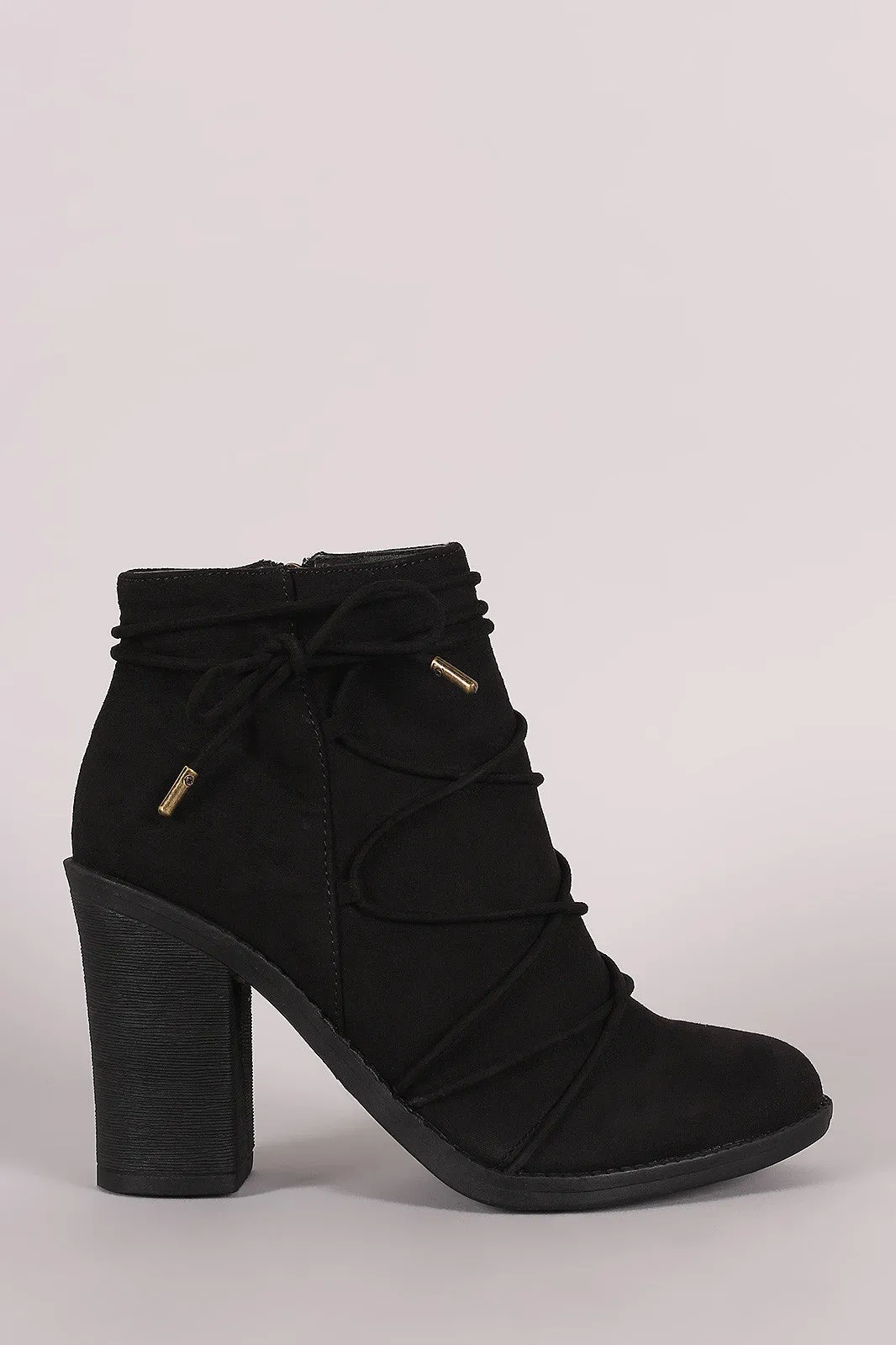 Bamboo Suede Lace Wrap Chunky Heeled Booties