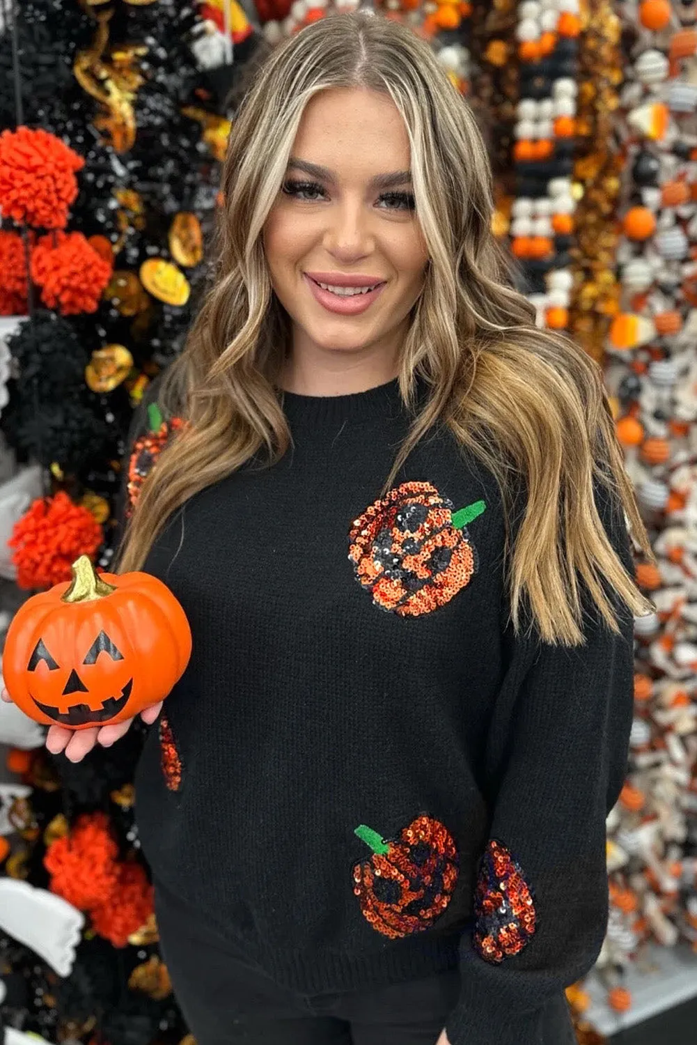 Black Plus Size Halloween Sequined Pumpkin Pattern Sweater