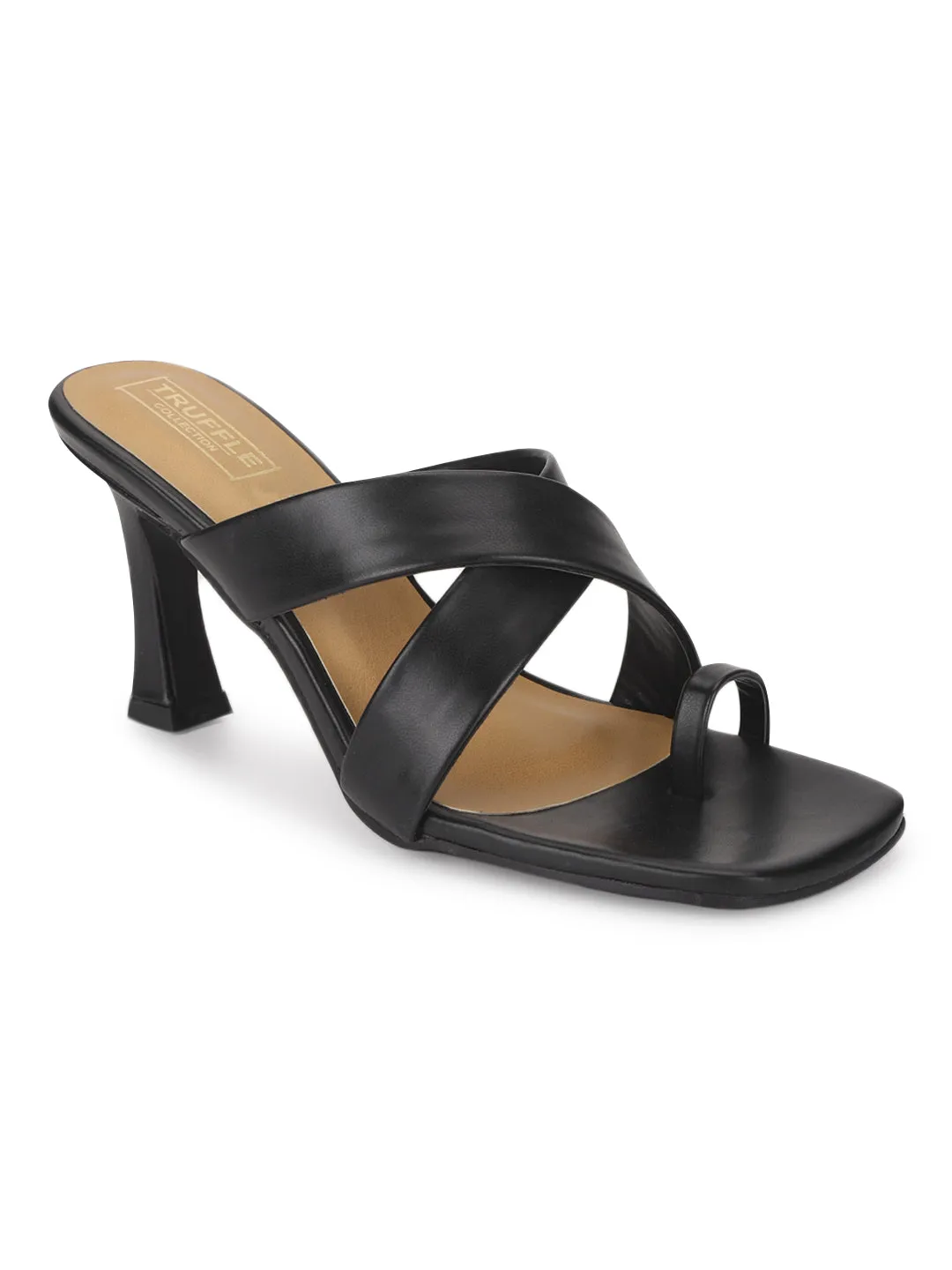 Black PU Crossover Strap Solid Pattern Stiletto Mules (TC-SLC-A8-BLK)