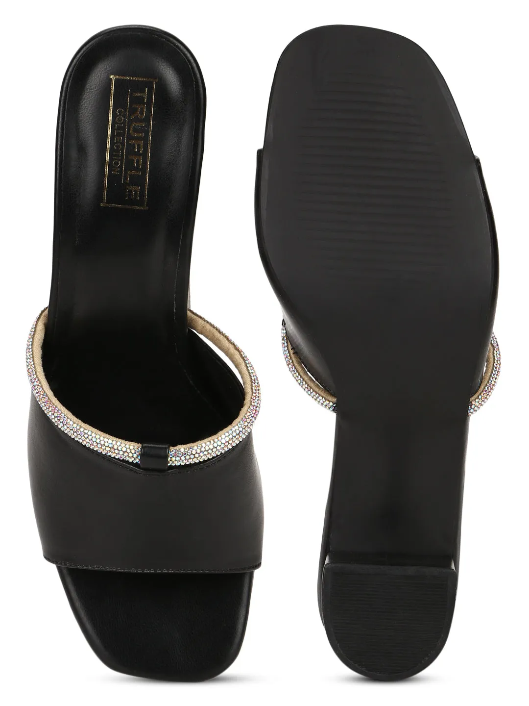 Black PU Diamante Embellished Block Heel Mules (TC-SLC-N1117-BLK)