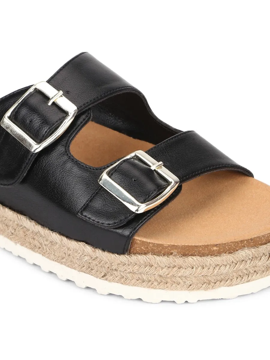 Black PU Side Buckle Wedges Espadrilles Sandals