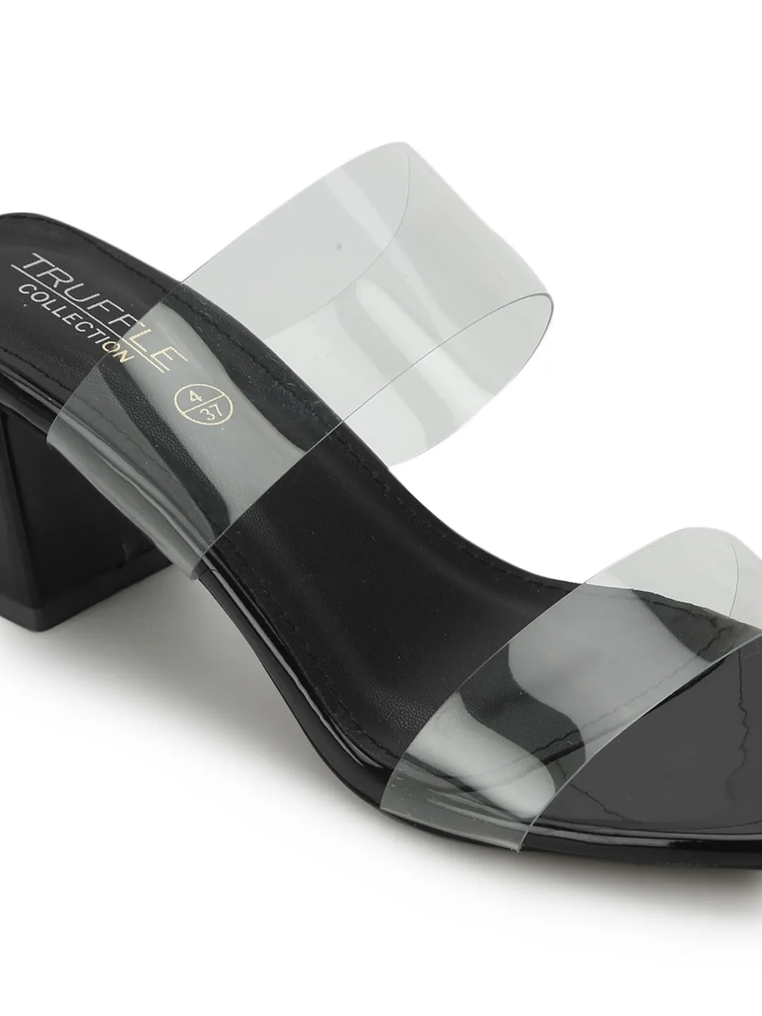 Black PU Slip On Mules With Clear Straps