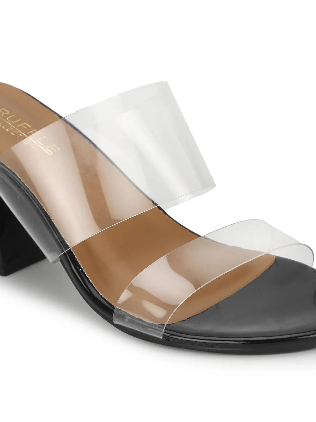 Black PU Slip Ons With Clear Straps