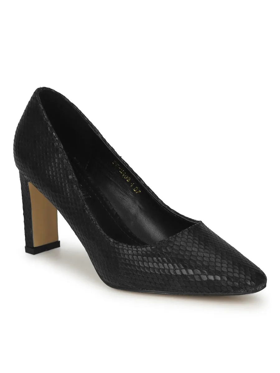 Black PU Snake Pattern Slim Block Heel Pumps