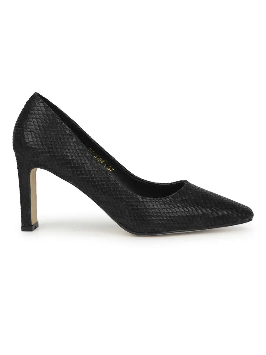 Black PU Snake Pattern Slim Block Heel Pumps