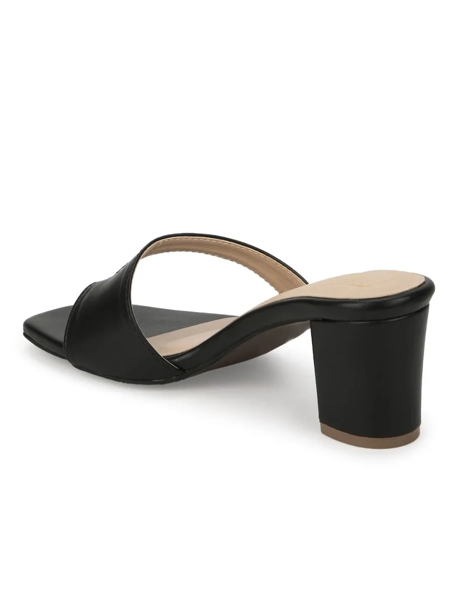 Black PU Square Toe Block Heel Mules