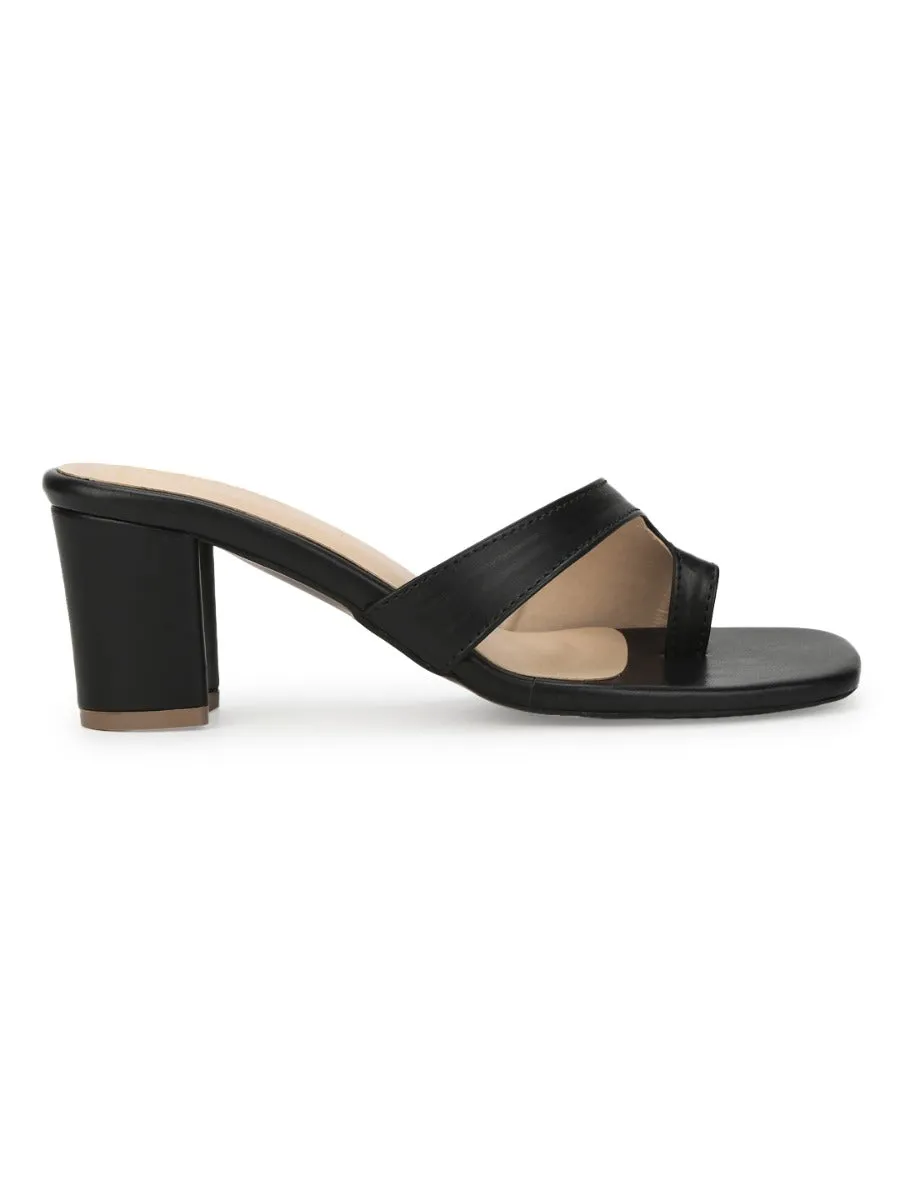 Black PU Square Toe Block Heel Mules