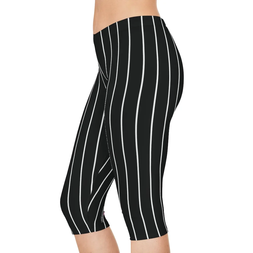 Black Striped Women's Capri Leggings, Knee-Length Polyester Capris Tights-Made in USA (US Size: XS-2XL)