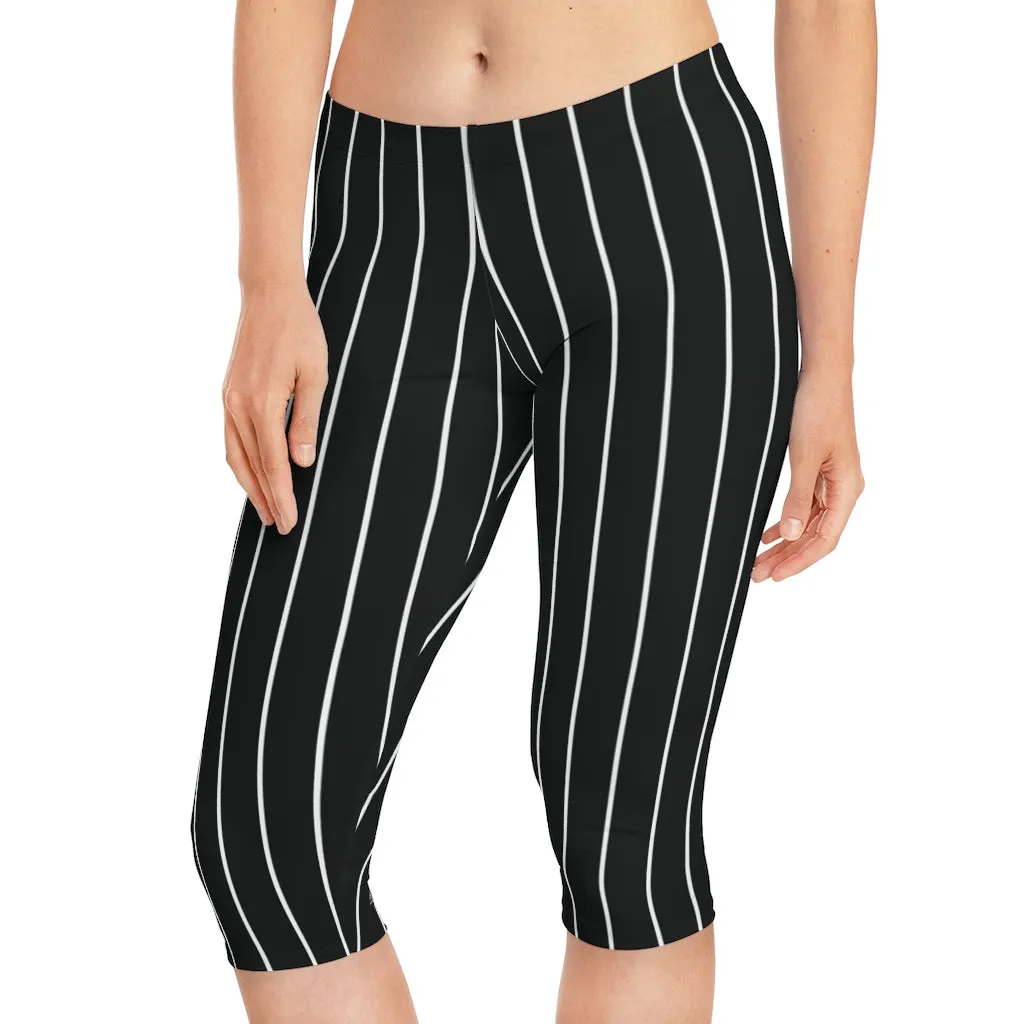 Black Striped Women's Capri Leggings, Knee-Length Polyester Capris Tights-Made in USA (US Size: XS-2XL)