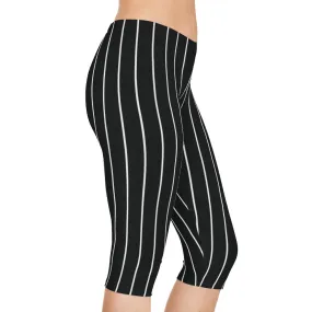 Black Striped Women's Capri Leggings, Knee-Length Polyester Capris Tights-Made in USA (US Size: XS-2XL)