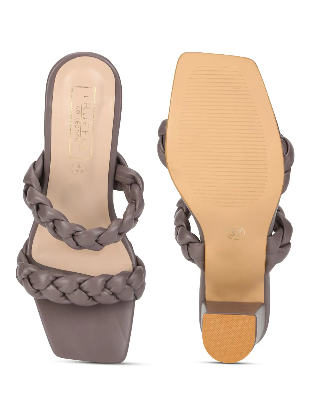 Brown Grey PU Braided Block Heel Mules