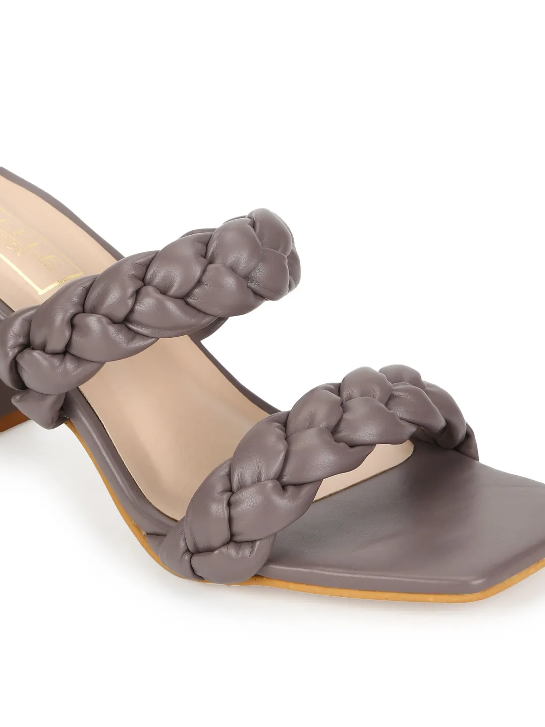 Brown Grey PU Braided Block Heel Mules