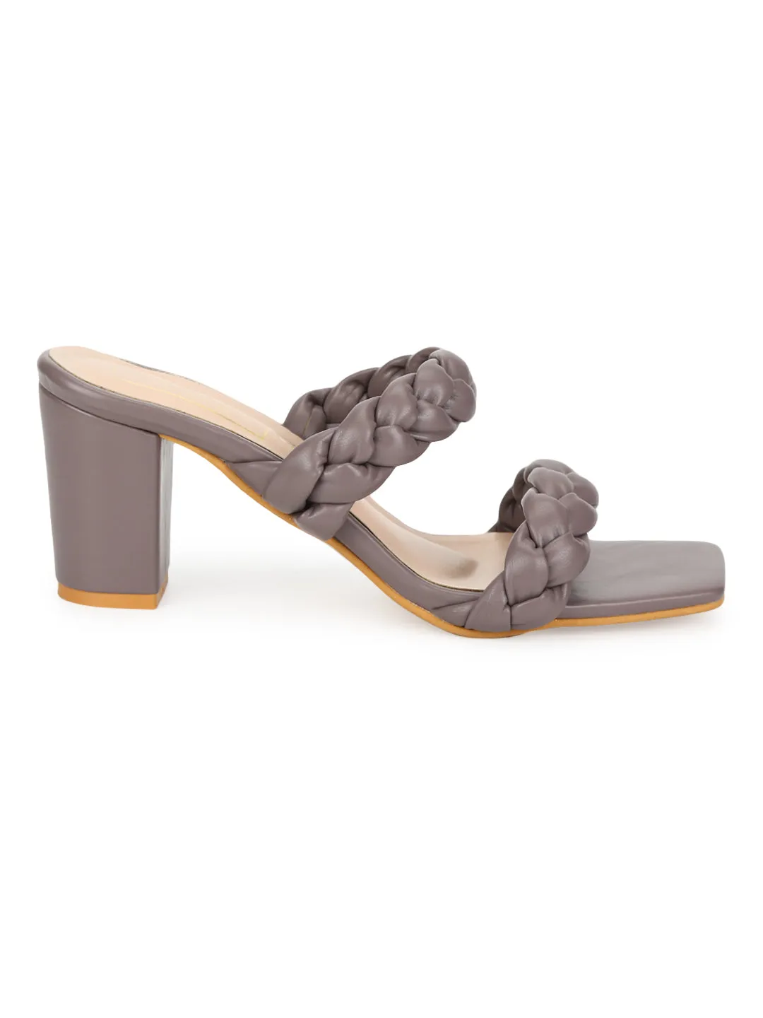 Brown Grey PU Braided Block Heel Mules