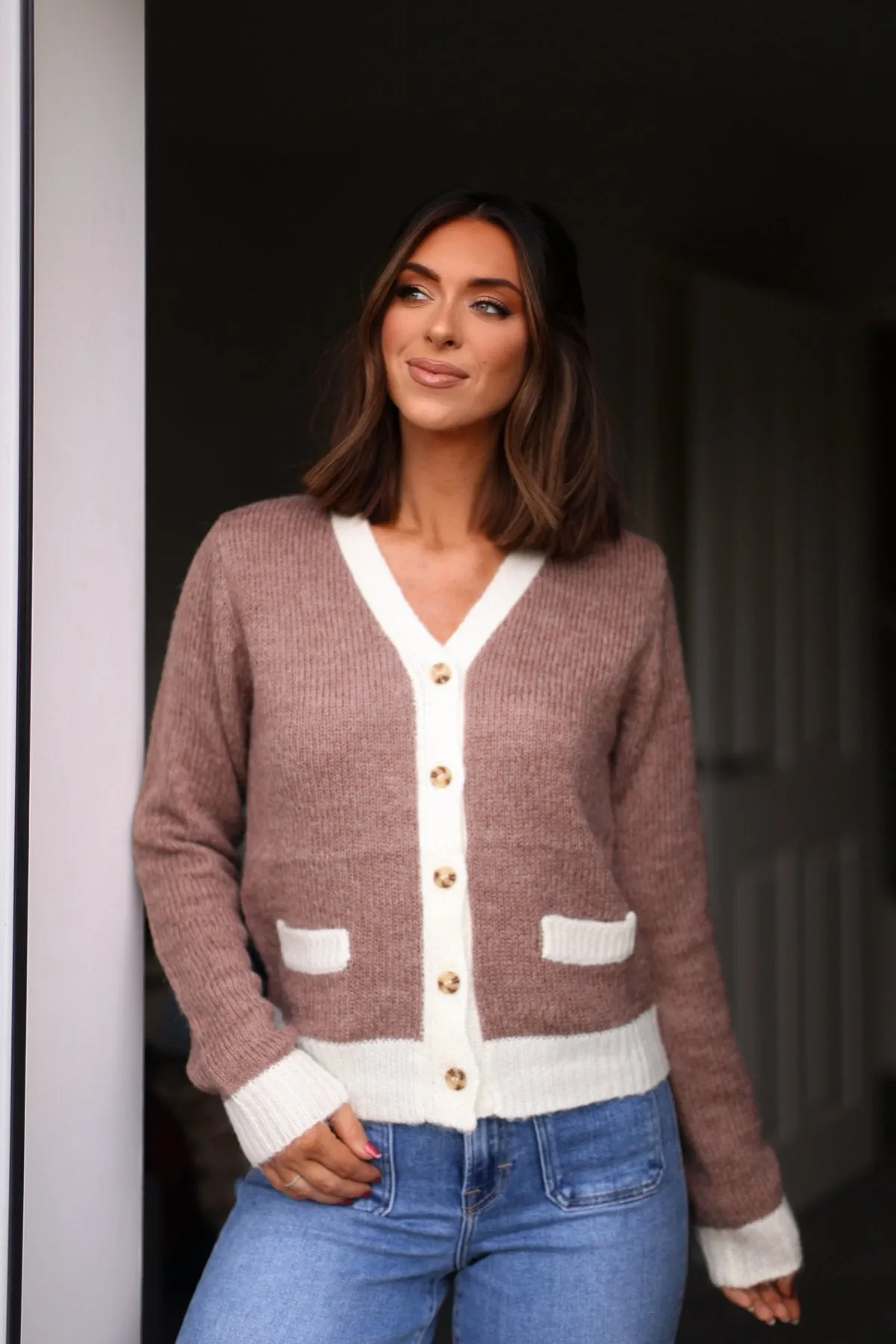 Brown Two Tone Button Up Cardigan