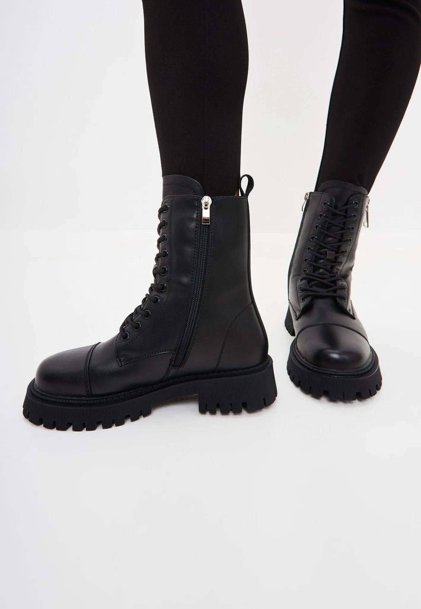 Classic Leather Platform Ankle Boots - Black