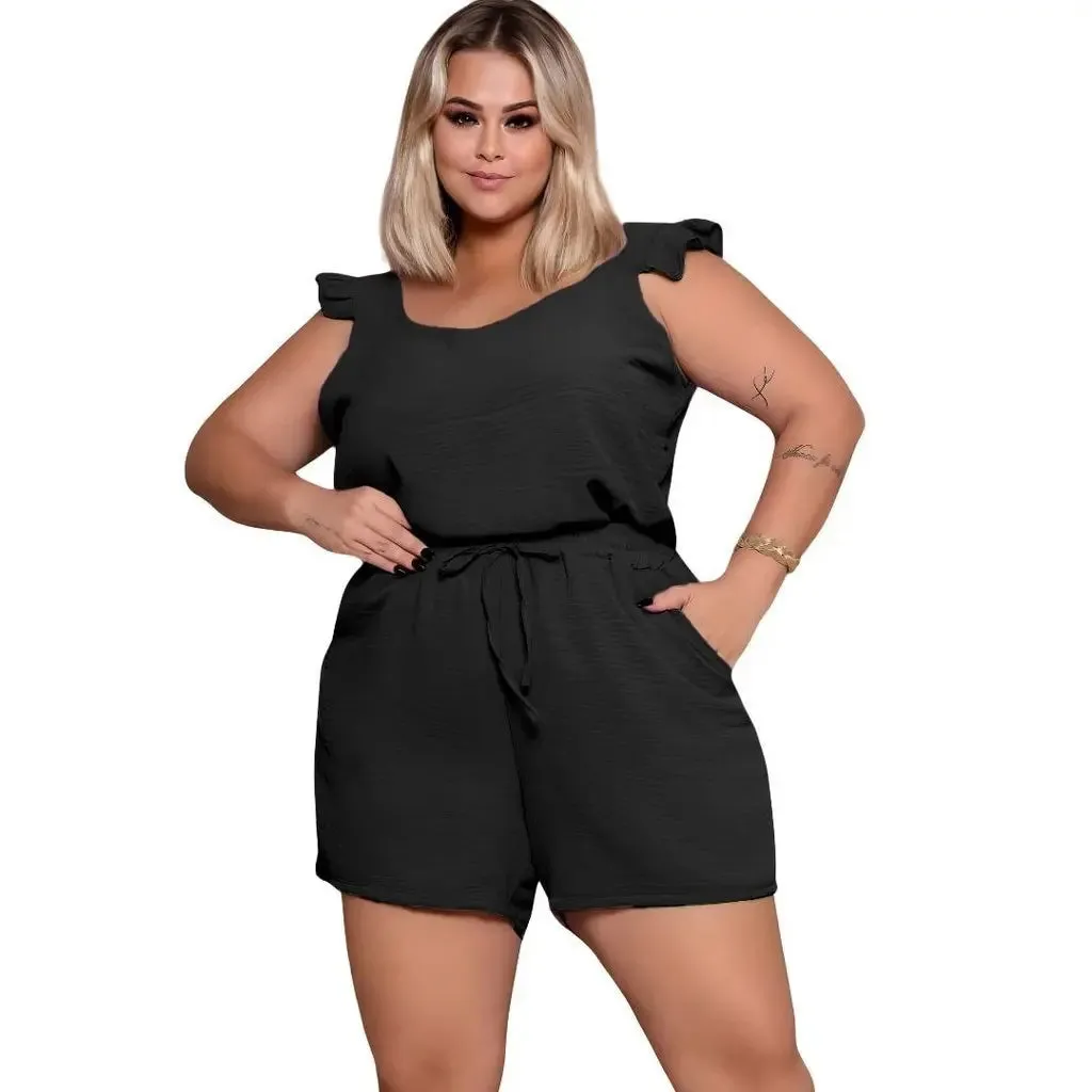 Conjunto Plus Size de Short Com Blusa de Alça Drapeada