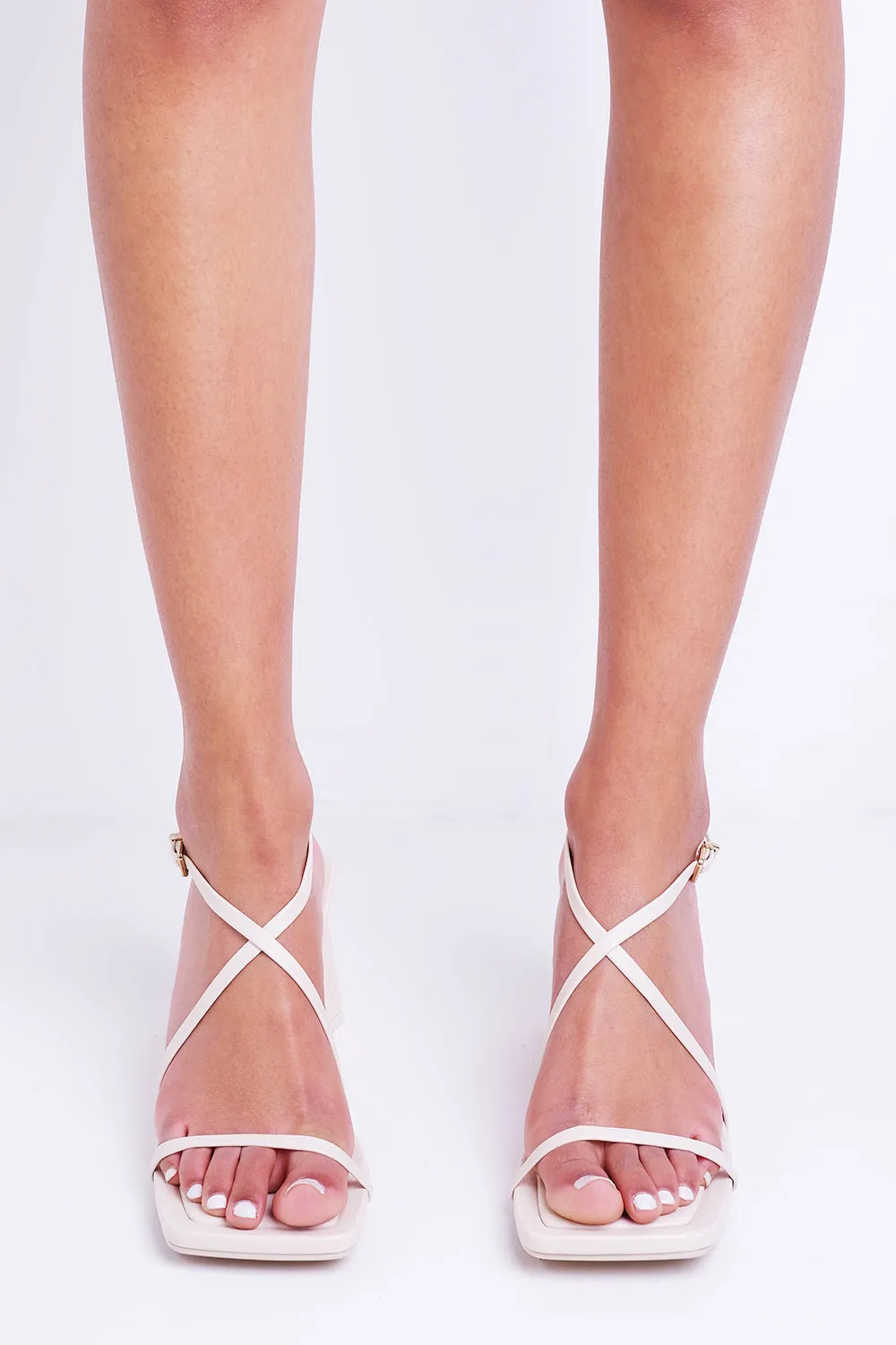 Cream Strappy Block Heel With Square Toe