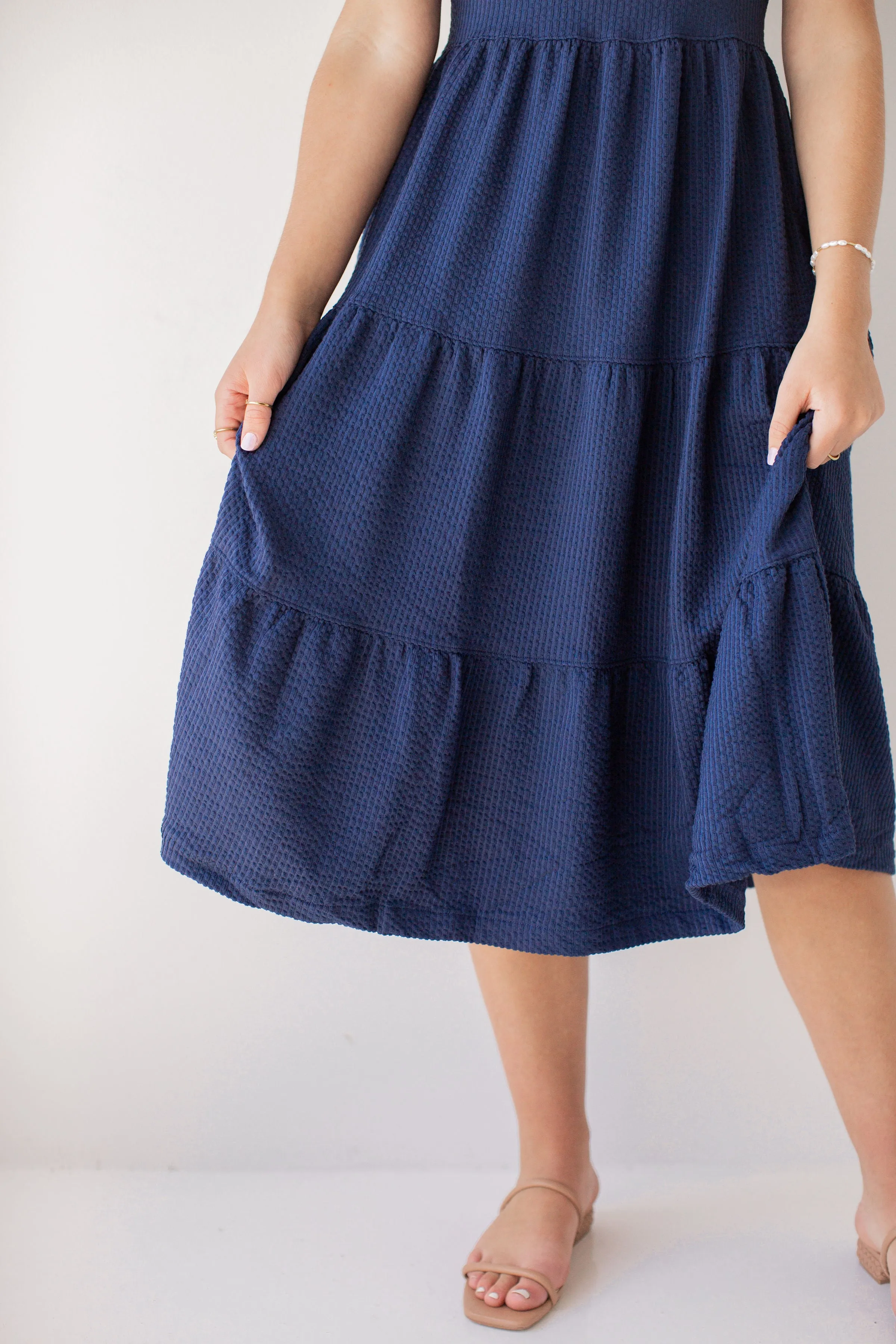 'Darya' Tiered Ribbed Midi Dress in Navy