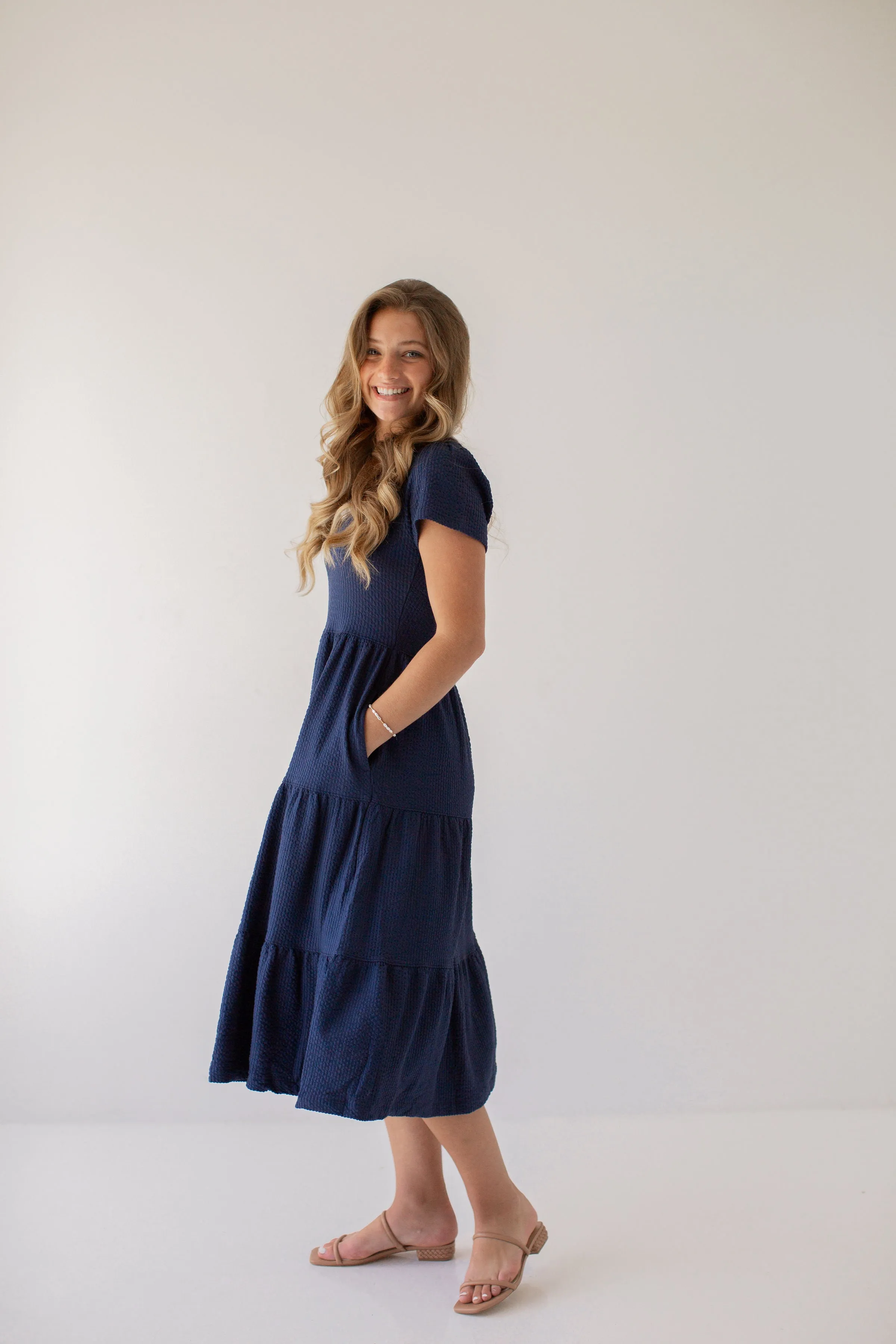 'Darya' Tiered Ribbed Midi Dress in Navy