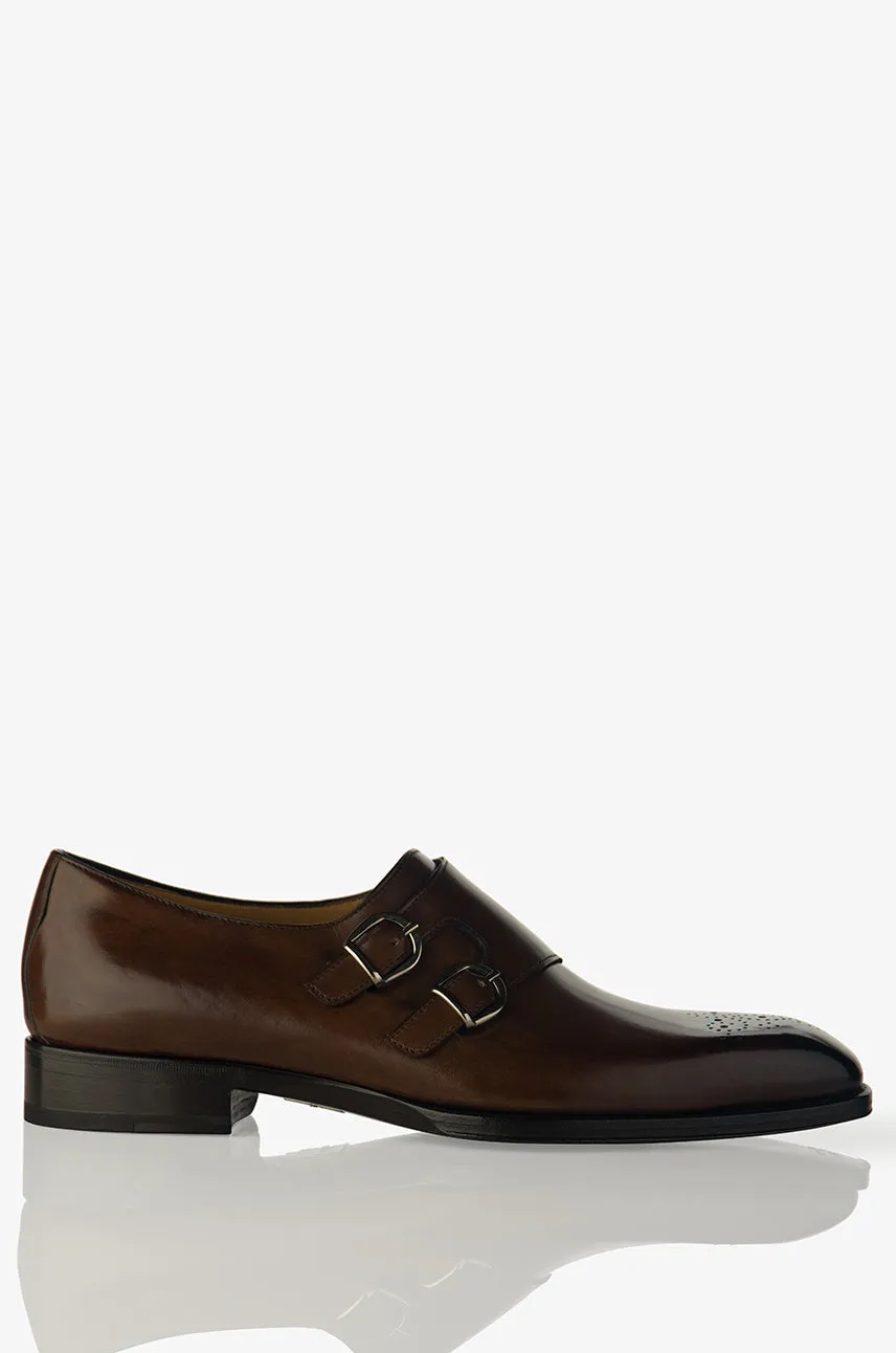 David August Leather Cap Toe Double Monk-strap Shoes in Reverse Sombrero