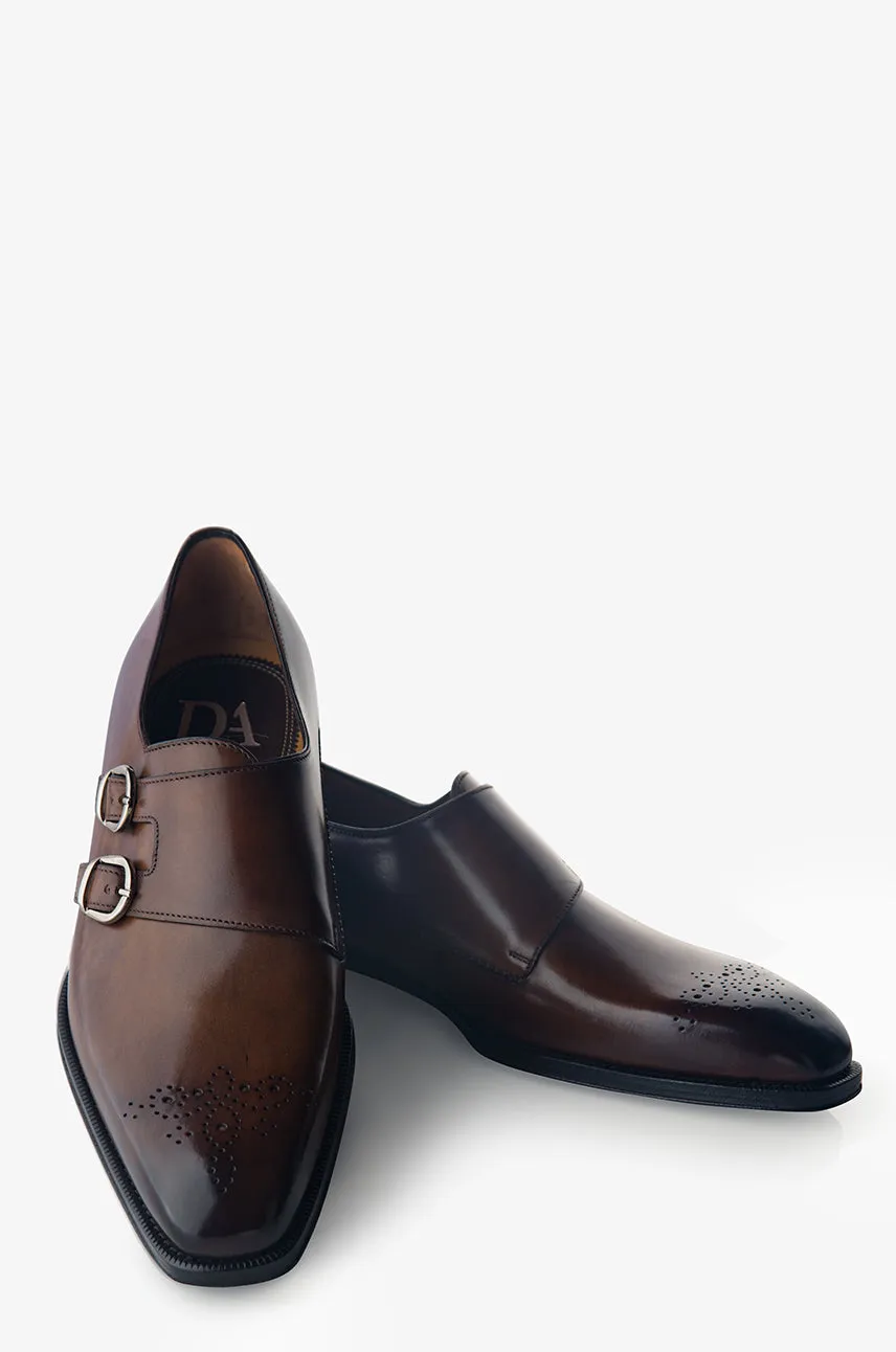 David August Leather Cap Toe Double Monk-strap Shoes in Reverse Sombrero