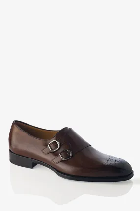 David August Leather Cap Toe Double Monk-strap Shoes in Reverse Sombrero