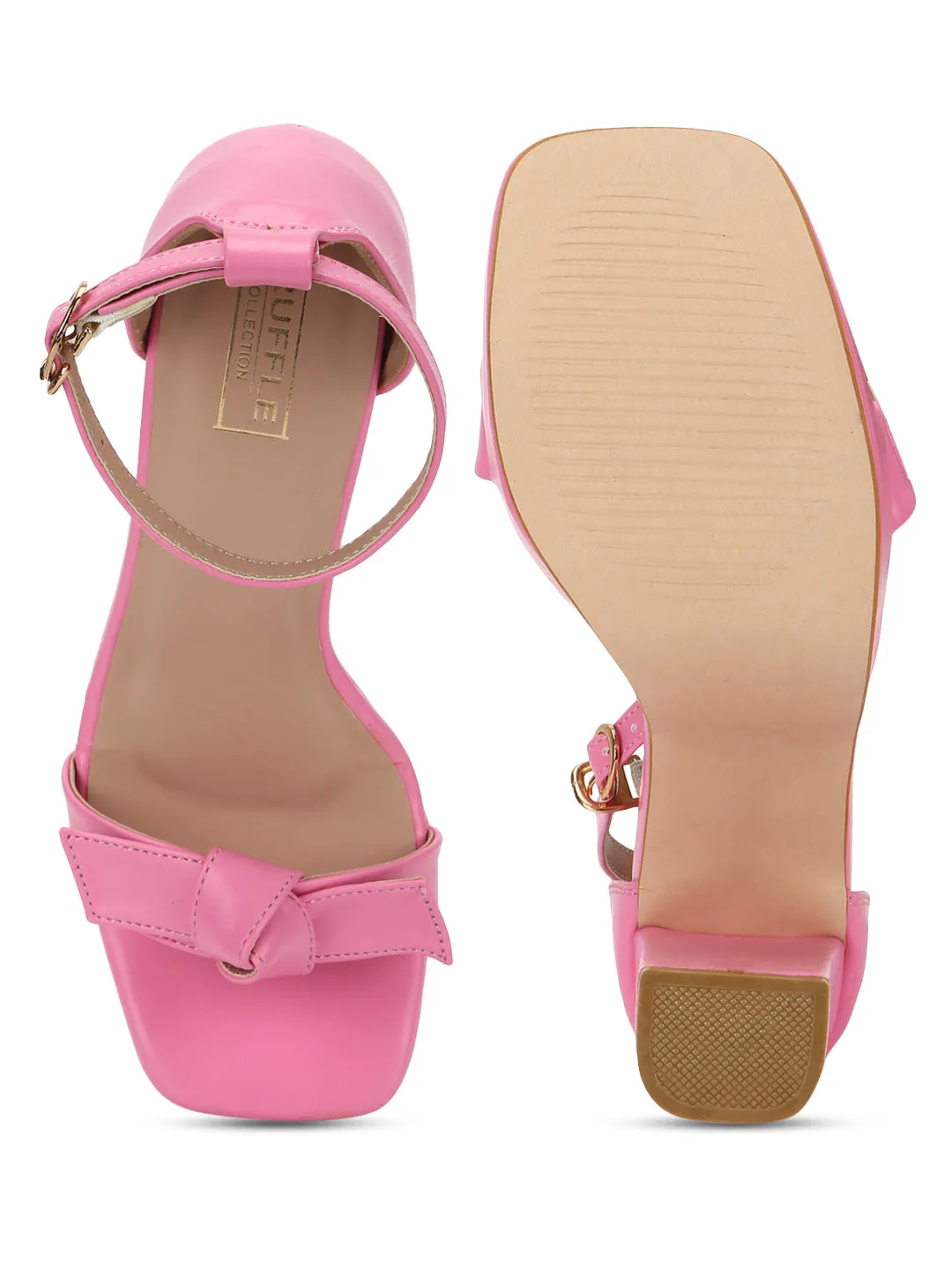 Fuschia Pink PU Bow Detail High Block Heels (TC-SLC-N1107-PNK)