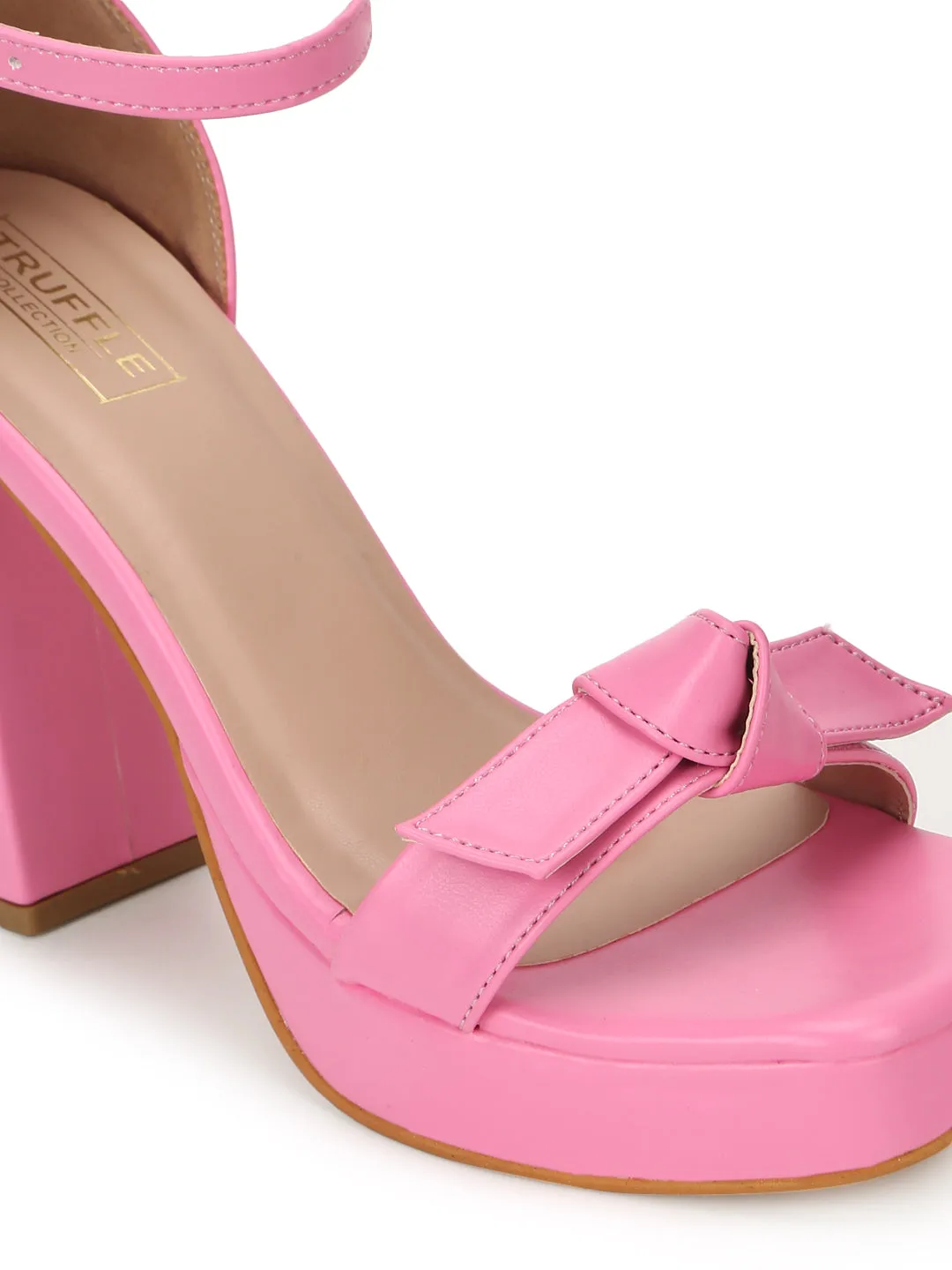 Fuschia Pink PU Bow Detail High Block Heels (TC-SLC-N1107-PNK)