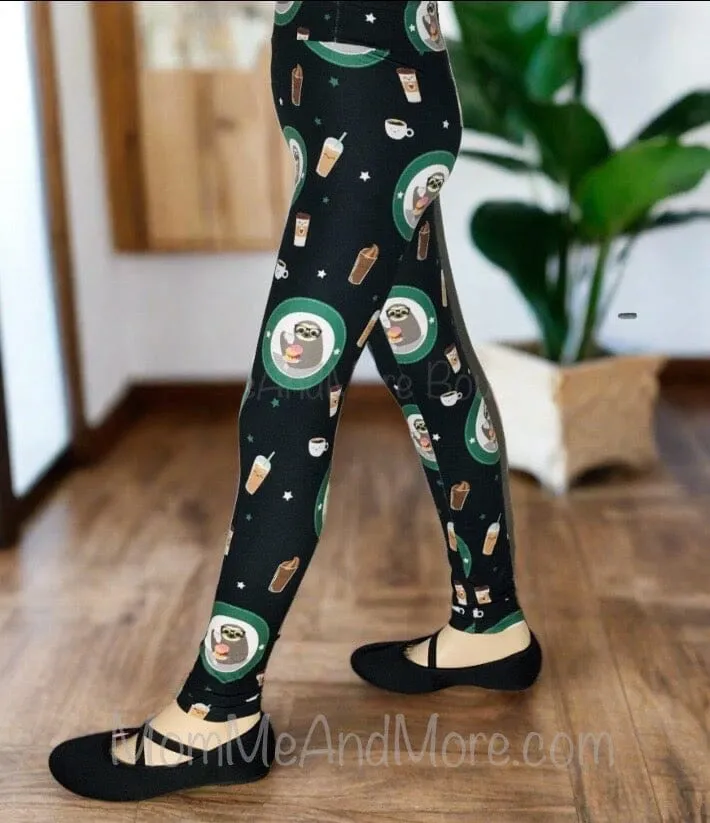 Girls Sloth Coffee Donut Leggings, Kids Yoga Pants, Sizes S/L, Yoga Waist, Black/Green, Exclusive Leggings