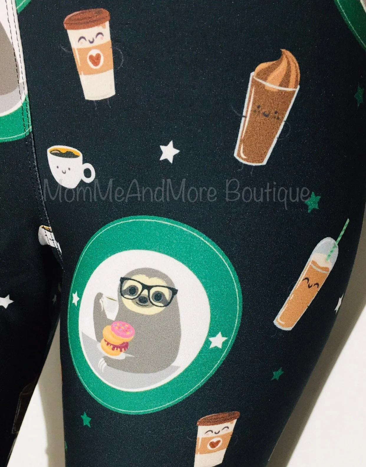 Girls Sloth Coffee Donut Leggings, Kids Yoga Pants, Sizes S/L, Yoga Waist, Black/Green, Exclusive Leggings