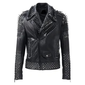 Men Black Silver Studded Brando Biker Jacket