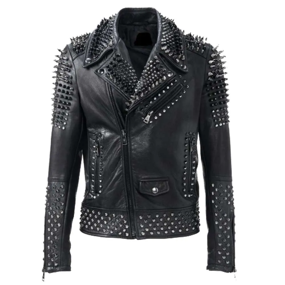 Men Black Silver Studded Brando Biker Jacket