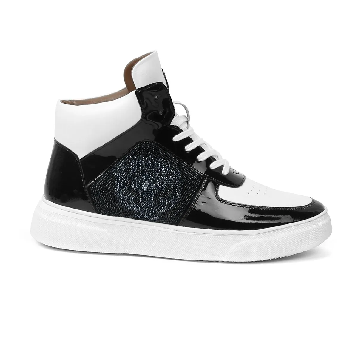 Men's Black White Patent Leather detailing Mid Top Sneakers By Brune & Bareskin