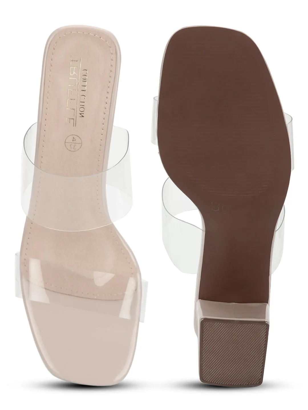 Nude Patent Slip On Mules With Clear Straps