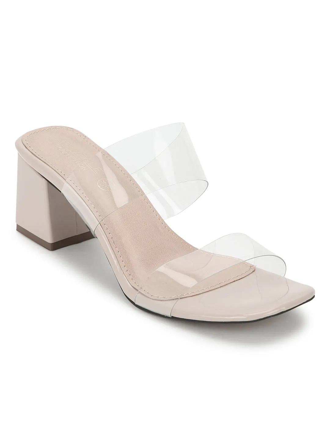 Nude Patent Slip On Mules With Clear Straps