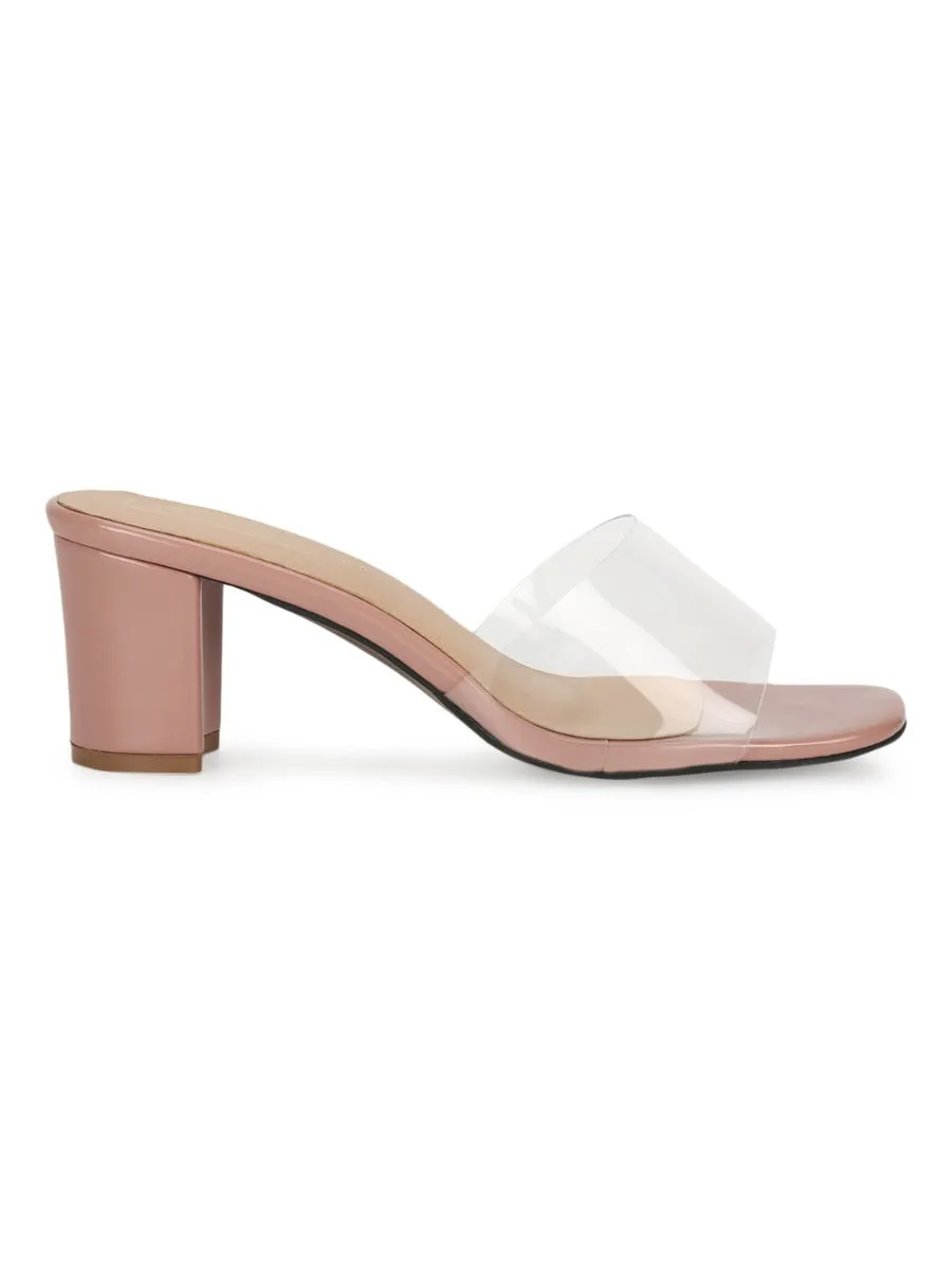 Nude Patent Snake Pattern Clear Strap Mules