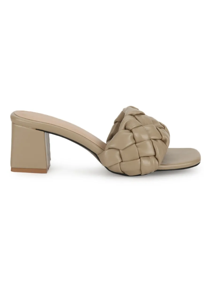 Nude PU Mules With Block Heels