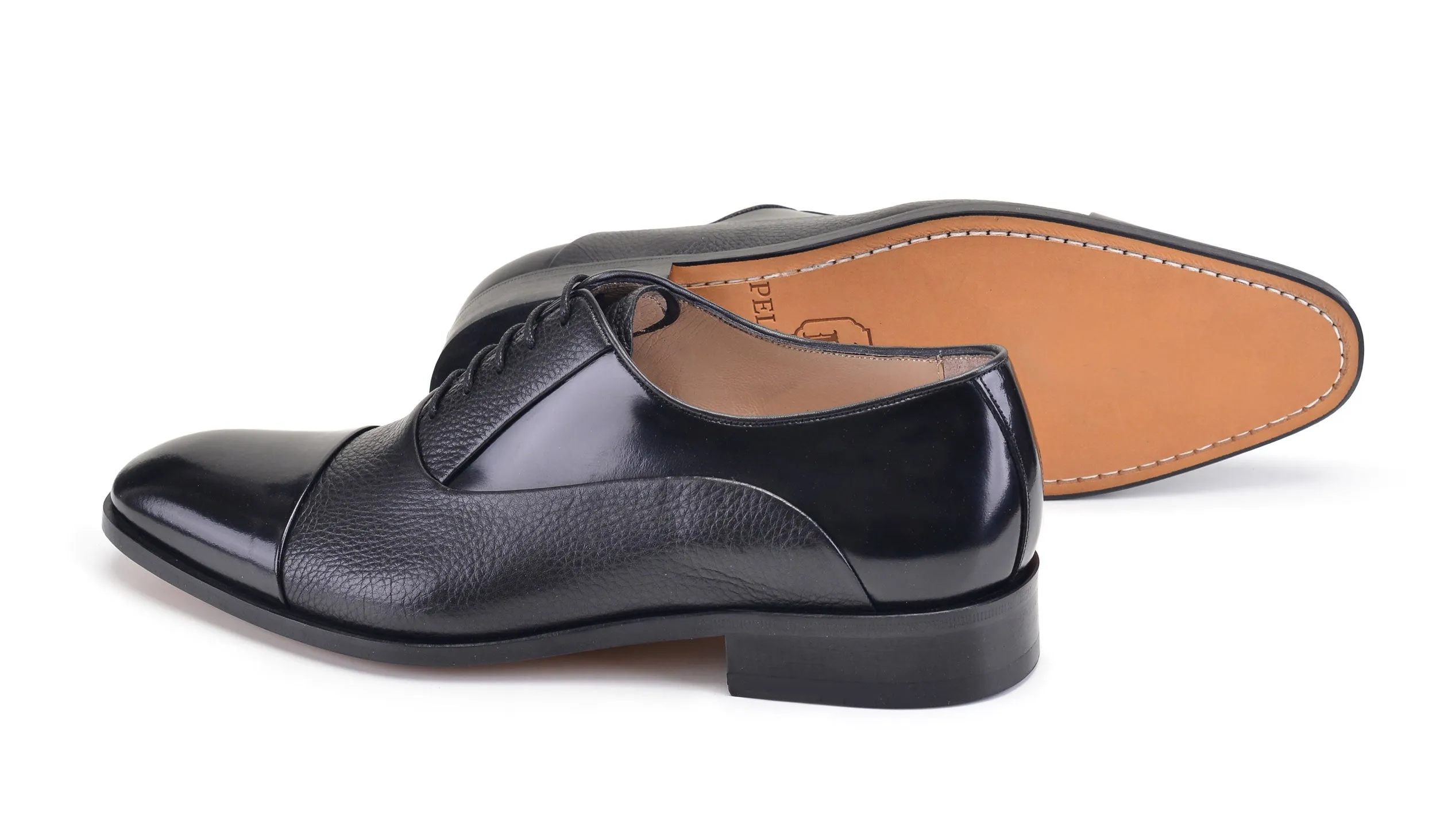 Pelle Deerskin & Polished Calfskin Lace-Up Oxford Black