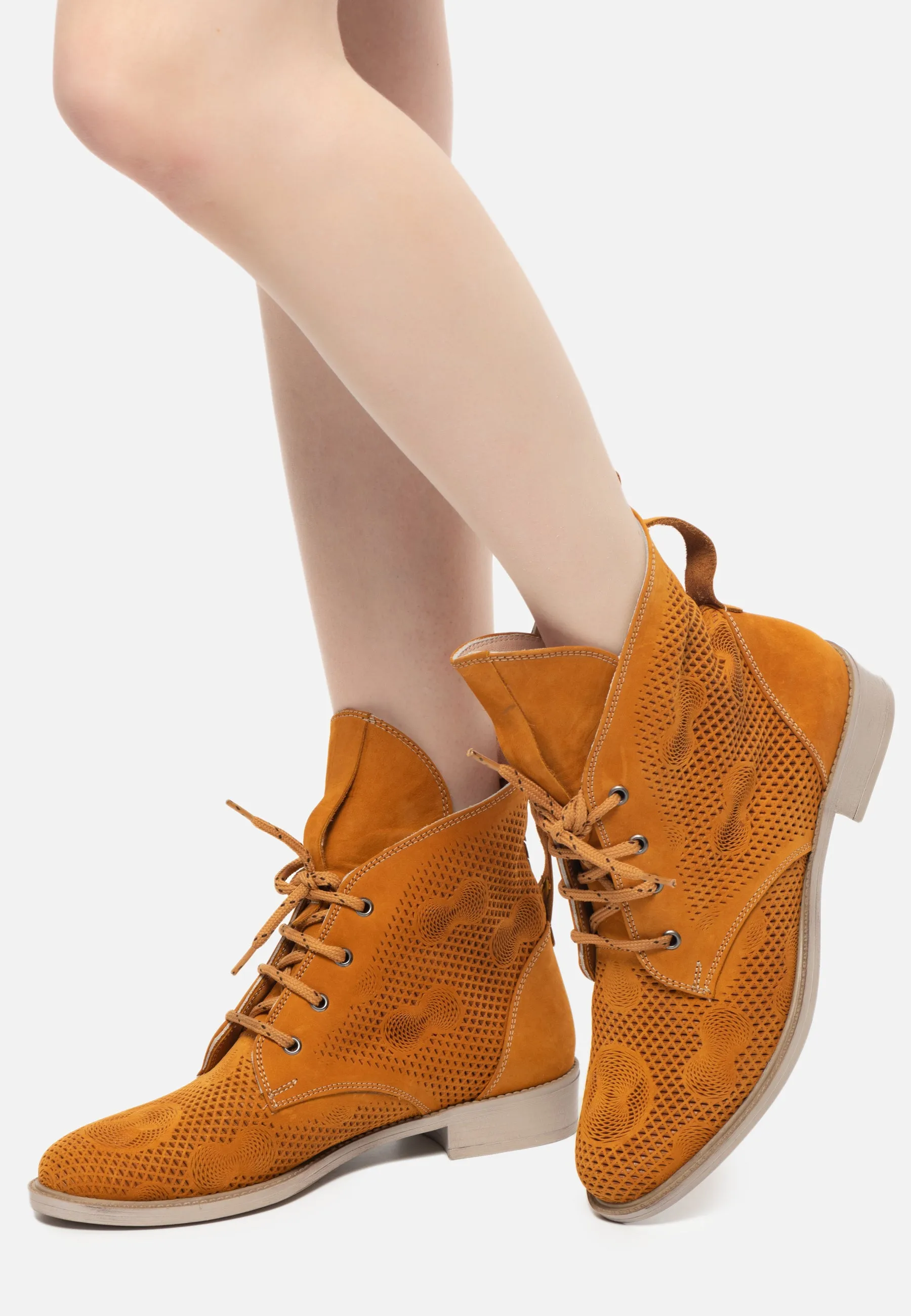 Perforated Leather Ankle Boots - Orange