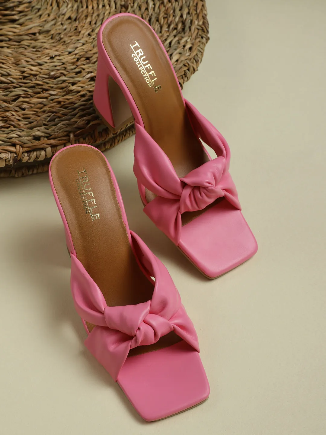 Pink PU Knotted Strap Block Heel Mules (TC-ST-1236-PNKPU)