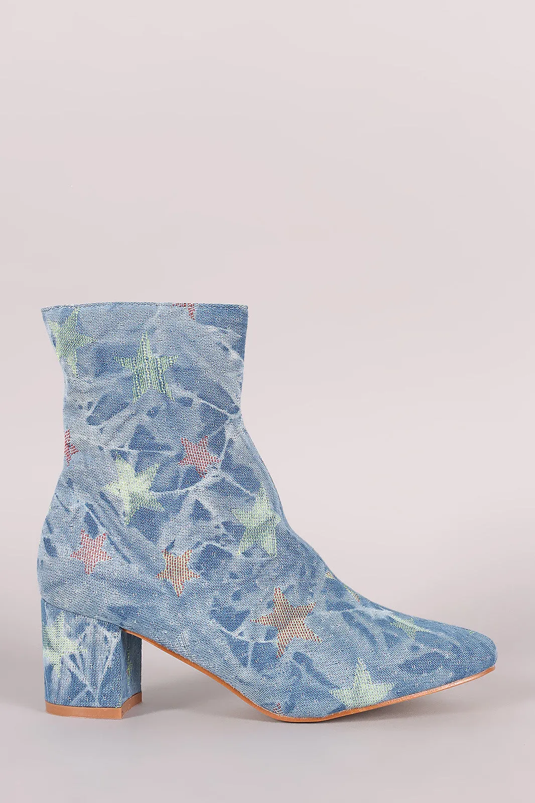 Star Print Denim Blocked Heeled Ankle Boots