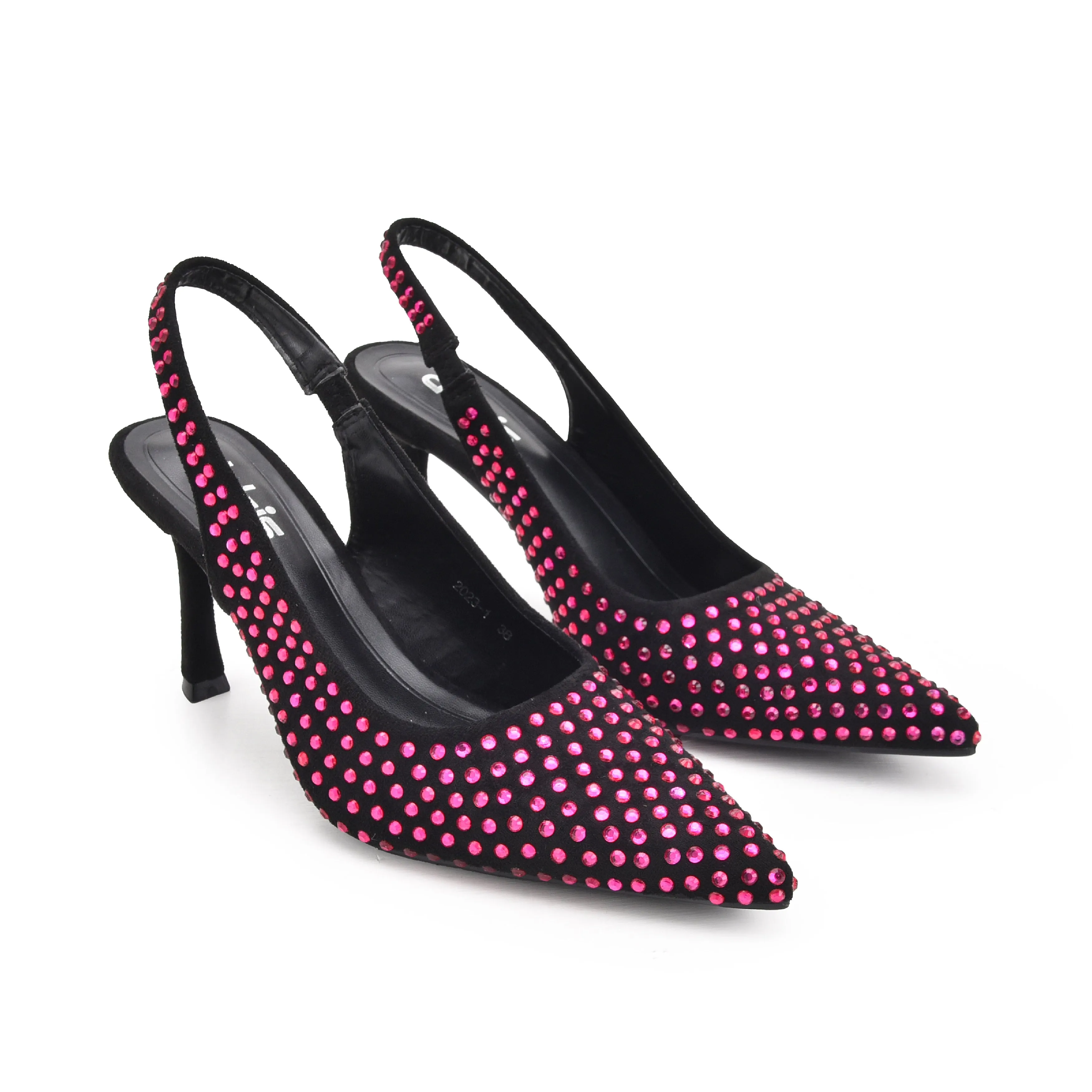 Stylish Black and Pink Studded Slingback Heels | 421N-P