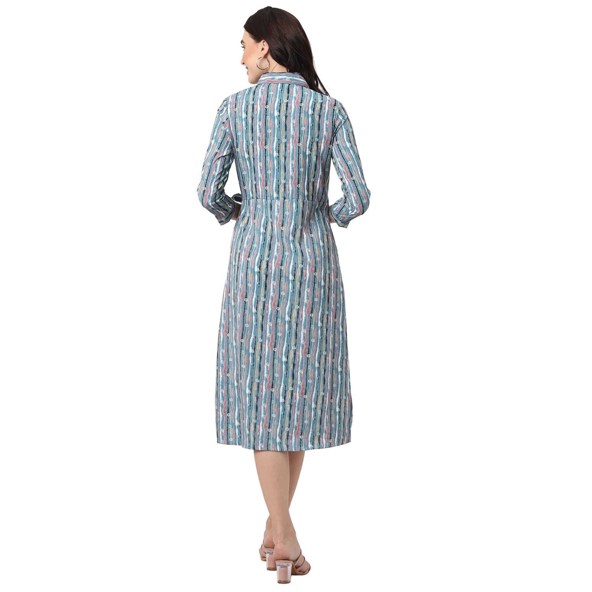 Stylish Blue Printed Women’s Midi Shirt Dress