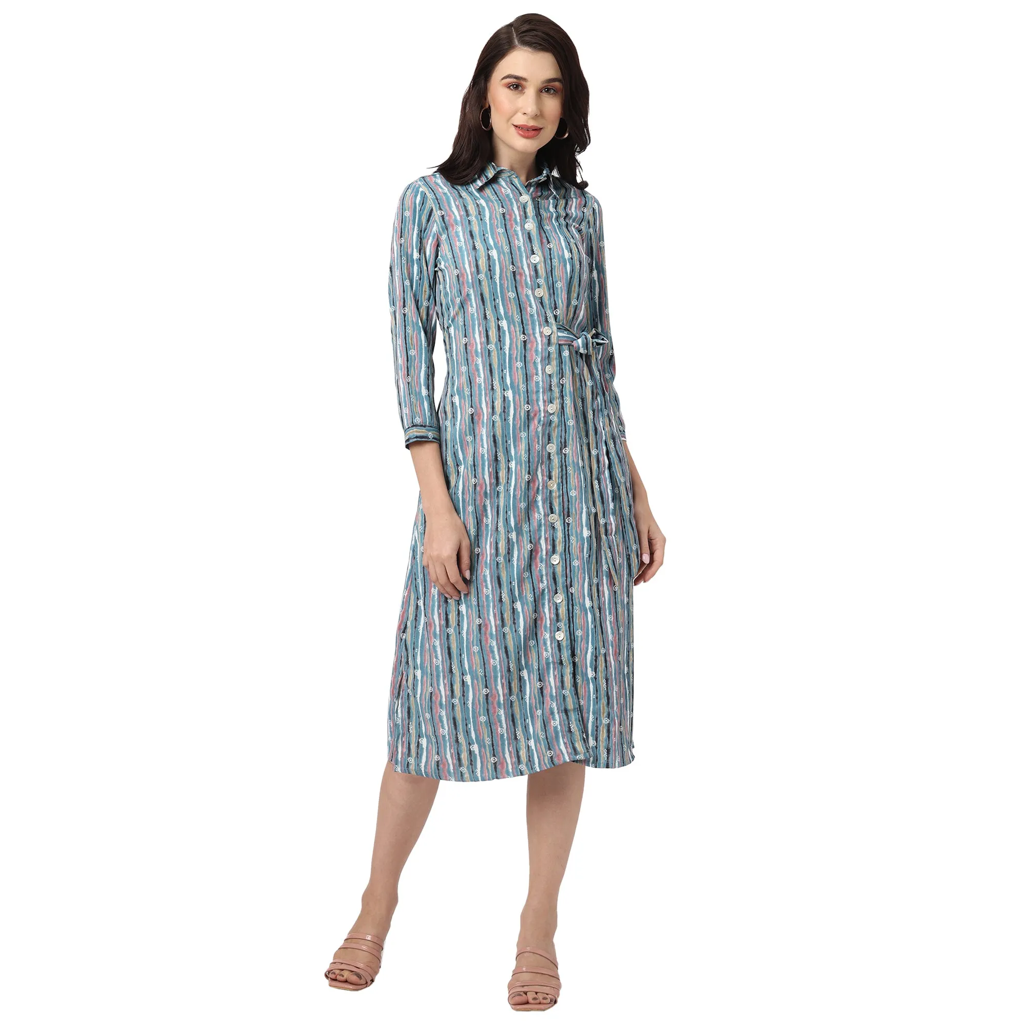 Stylish Blue Printed Women’s Midi Shirt Dress